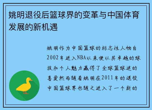 姚明退役后篮球界的变革与中国体育发展的新机遇