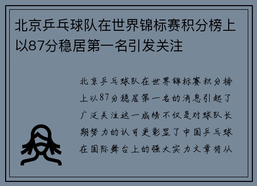 北京乒乓球队在世界锦标赛积分榜上以87分稳居第一名引发关注
