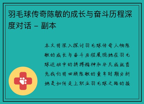 羽毛球传奇陈敏的成长与奋斗历程深度对话 - 副本